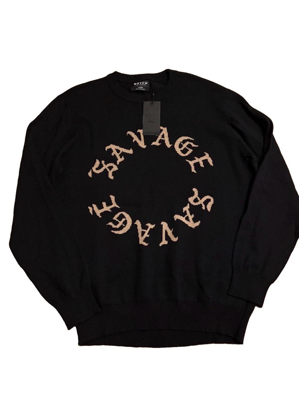WXYZ Black Crewneck Sweater with Beige 'SAVAGE' Circle Graphic